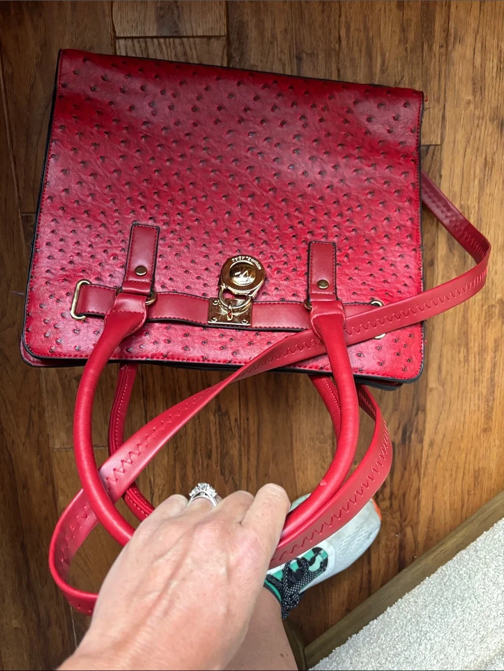 Red Fauxe-Ostrich MK Satchel Handbag with Gold Accent